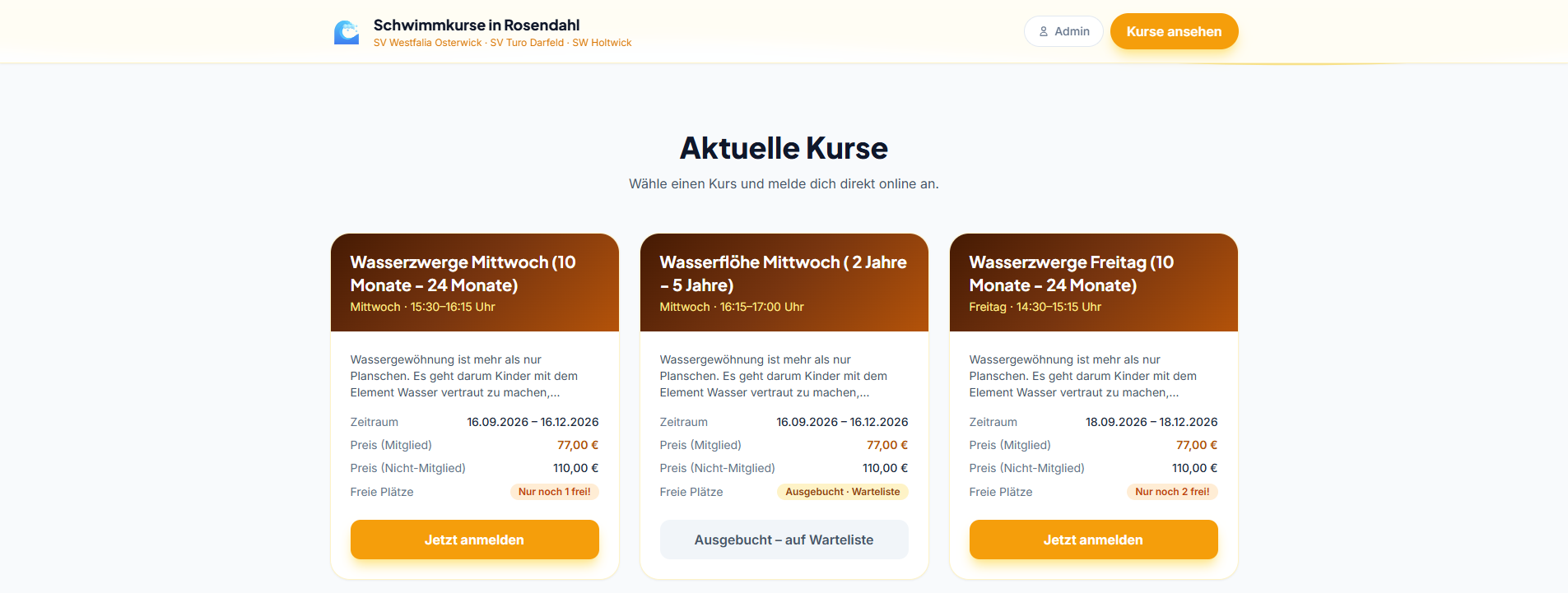 Schwimmkurse Rosendahl: Buchungsseite mit Kurskarten – freie Plätze, Mitglieder- und Gastpreise, Anmelde-Button